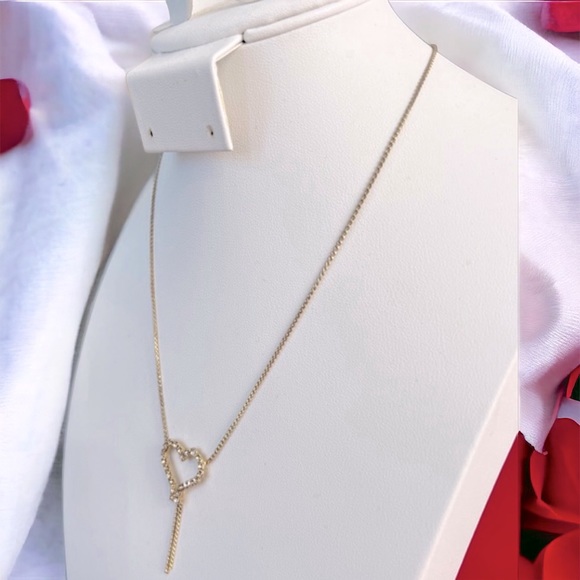 Vintage Open Heart Rhinestone Crystal Love Gold Tone Delicate Chain Necklace - Picture 6 of 16